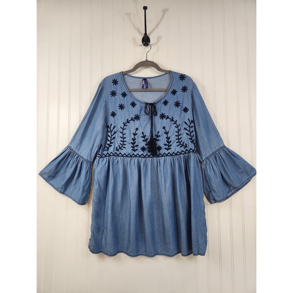 Seraphine Maternity Tencel Embroidered Tunic Top Blue Bell Sleeve Boho US 10‎